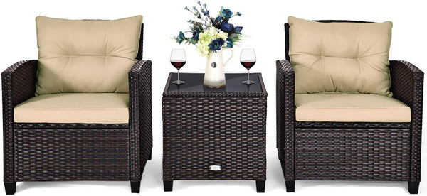 3 Pieces Patio Furniture Set, PE Rattan Wicker 3 Pcs Outdoor Sofa Set W/Washable Cushion and Tempered Glass Tabletop, Conversation Furniture for Garden Poolside Balcony (Beige)9