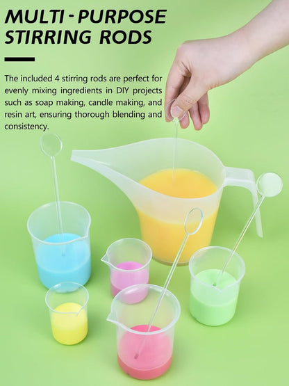 Funnel Pitcher Set - 4 Pack, 1000Ml Plastic Measuring Pitchers with Funnels, 4 Stirring Rods, and 15 Small Measuring Cups for Soap Making, Resin Casting, Baking, and DIY Crafts4