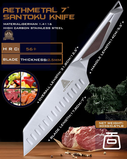 7 Inch Santoku Knife, Full Tang Kitchen Knife with Hollow-Ground Blade, High Carbon Stainless Steel Chef Knife for Meat, Vegetables & Fruits, Ergonomic Metal Handle, Premium Gift Box3