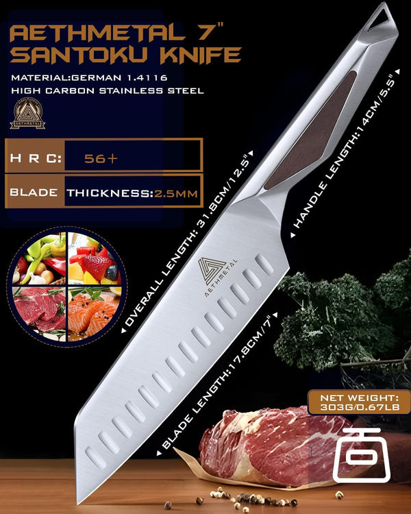 7 Inch Santoku Knife, Full Tang Kitchen Knife with Hollow-Ground Blade, High Carbon Stainless Steel Chef Knife for Meat, Vegetables & Fruits, Ergonomic Metal Handle, Premium Gift Box3