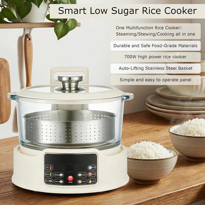 Low Sugar Rice Cooker - Multifunctional Low Carb Rice Cooke R with Auto-Lift Basket, Preset &Timer, Smart Glass Rice Cooker with Steaming, Boiling and Hotpot in One (White)5