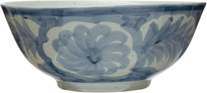 Creative Co-Op Hand Painted Stoneware Bowl with Floral Design, Blue and White1