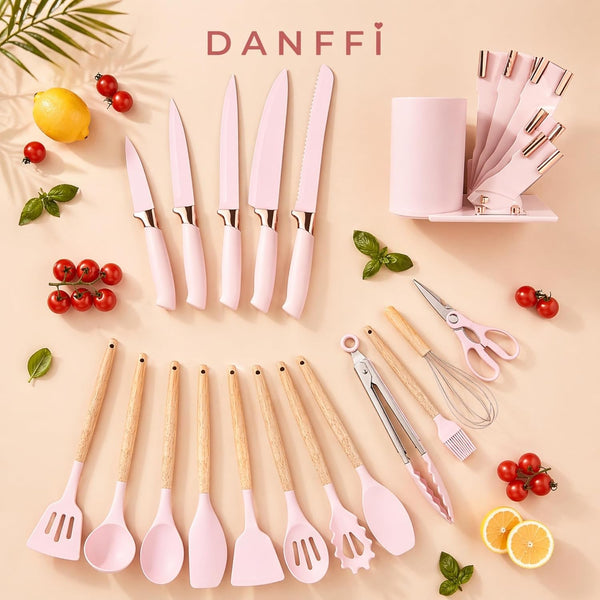 19-Piece Pink Kitchen Utensils Set with Knife Set & Cutting Board - Silicone Cooking Utensils with Wooden Handles, Rose Gold Accents, Scissors, Whisk & Tongs - Bpa-Free Pink Kitchen Gift Set3