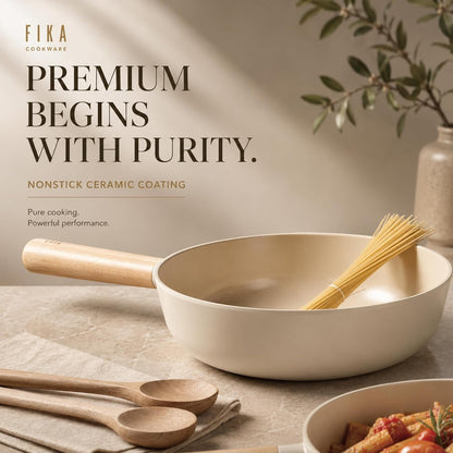FIKA 10-Inch Nonstick Ceramic Coated Flat Bottom Wok Pan with Natural Wooden Handle, Induction Compatible, Deep Stir Fry Cooking Pan, Made in Korea (26Cm)9
