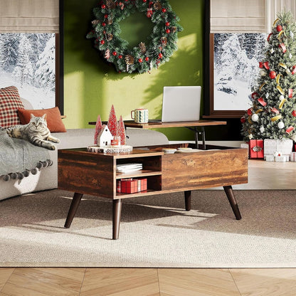 Lift Top Coffee Table with Hidden Storage, Adjustable Shelf, Brown | Mid Century Modern Wooden Coffee Table, for Dining/Living Rooms/Offices; 39.4"W X 19.7"D X 16.9"H2