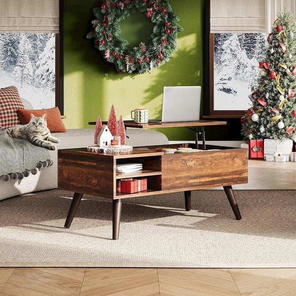 Lift Top Coffee Table with Hidden Storage, Adjustable Shelf, Brown | Mid Century Modern Wooden Coffee Table, for Dining/Living Rooms/Offices; 39.4"W X 19.7"D X 16.9"H2