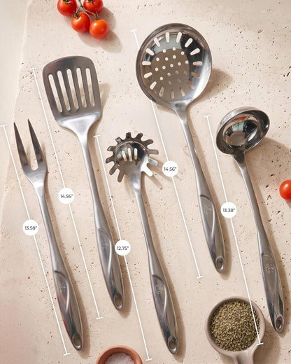 Stainless Steel 5 Piece Cooking Utensil Set | Stainless Steel Kitchen Utensil - Durable Kitchen Gadgets - Metal Kitchen Accessories - Easy to Clean Tools - 5 Piece Set5