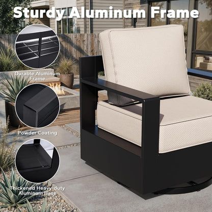 Outdoor Aluminum Furniture Set, 5-Piece Patio Conversation Set, 4 Swivel Chairs and 1 Sofa, All-Weather Metal Frame, 6" Thick Removable Cushions, Deep Setting for Garden, Poolside and Porch3