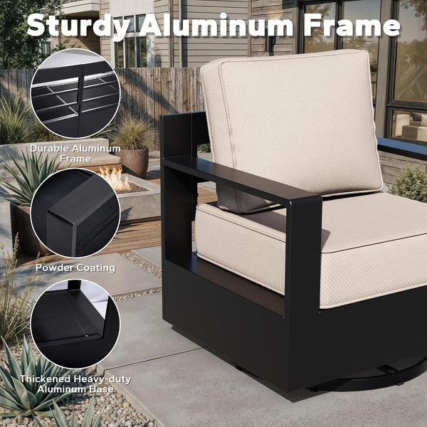 Outdoor Aluminum Furniture Set, 5-Piece Patio Conversation Set, 4 Swivel Chairs and 1 Sofa, All-Weather Metal Frame, 6" Thick Removable Cushions, Deep Setting for Garden, Poolside and Porch3