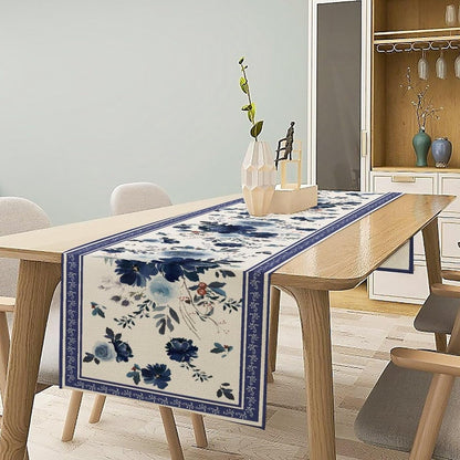 Navy Blue Flowers Linen Table Runner,Spring Floral Seasonal Dinner Table Decoration for Home Living Room Kitchen Dining Room 13X36In2