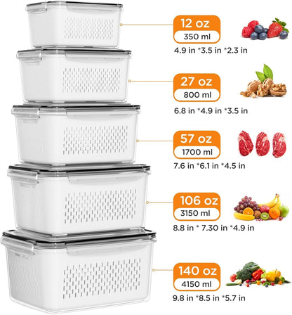 5-Pack Fruit Storage Containers for Fridge with Removable Colanders, 4 in 1 Produce Storage Containers with Lids, Leakproof Fridge Organizer Bins for Salad Berry Lettuce Vegetables Meat Keeper Fresh5