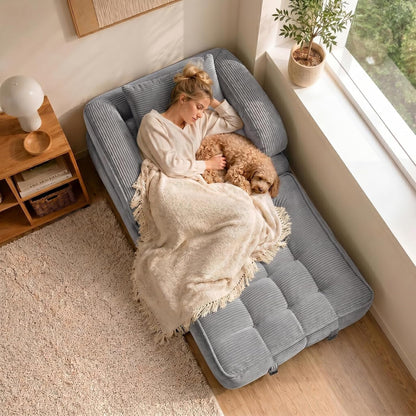 Folding Sofa Bed, Convertible Sleeper Chair with Armrests for Adults, Foldable Corduroy Boneless Bed, 3-In-1 Portable Futon Couch Floor Sofa with Pillow for Bedroom, Living Room, Gray2
