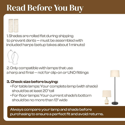 Lamp Shades Set of 2 – 𝟏𝟏.𝟔” 𝐓𝐨𝐩 𝐱 𝟏𝟐.𝟔” 𝐁𝐨𝐭𝐭𝐨𝐦 𝐱 𝟗.𝟖” 𝐇𝐢𝐠𝐡 Fits Harp-Style Bedside & Floor Lamp Shades – 𝐃𝐫𝐮𝐦 𝐒𝐡𝐚𝐩𝐞 Easy Assembly (Ships Rolled Flat) (Beige, Medium)7