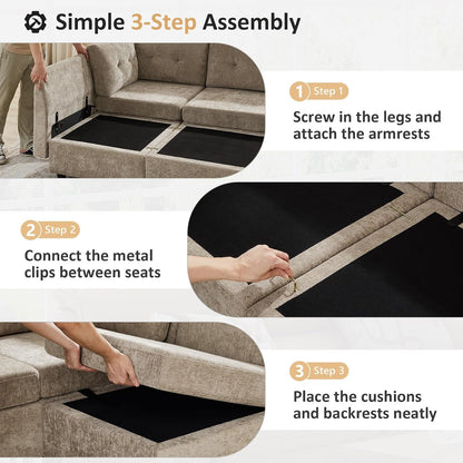 Sectional U-Shaped Sofa for Living Room, Modualr Sofa Couch, Camel | 91" W Modular Sectional Sofa, 3 Seater Couches with Ottoman, Chenille Sofa for Living Room, Apartment, Office6