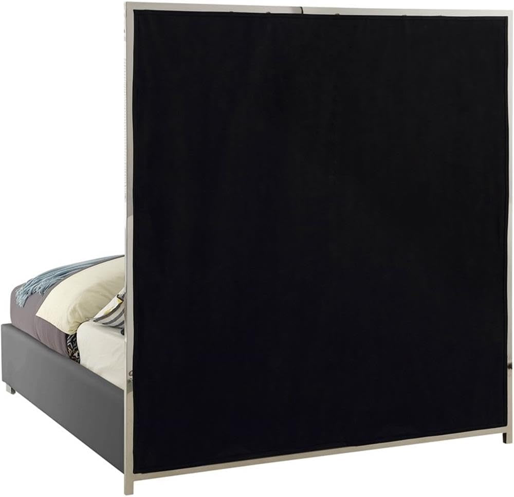 modern-king-bed-solid-wood-and-gray-vegan-leather-chrome-metal-accents-81-5-w-x-84-5-d-x-70-h-tall-geometric-headboard-no-box-spring-required-contemporary-bedroom-furniture