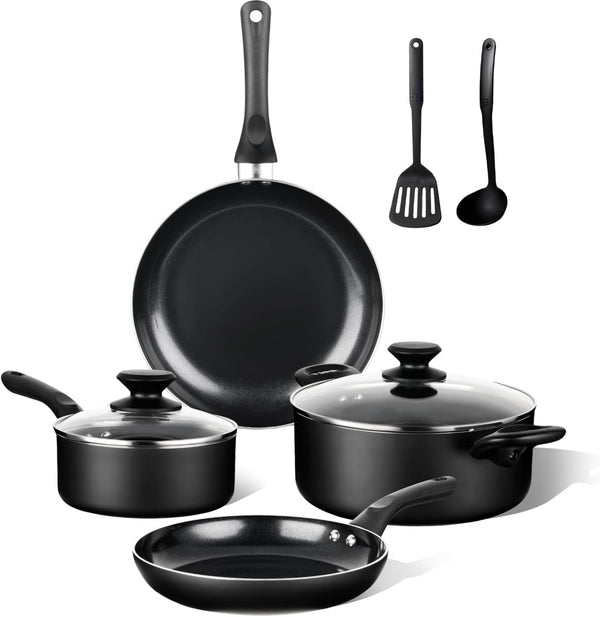 8 Pcs Ceramic Pots and Pans Set | Nonstick Cookware Set, Design for Kitchen & Camping & RV Cooking, Include Frying Pans, Saucepans with Lids, Shovel and Ladle1