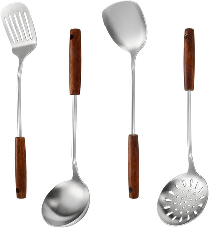 304 Stainless Steel Kitchen Utensils Set, 4 Pcs Long Cooking Utensils Set with Wooden Handle, Large Heat Resistant Kitchen Tools(Dishwasher Safe)1