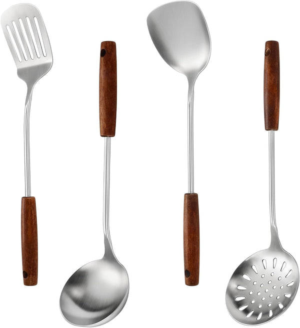 304 Stainless Steel Kitchen Utensils Set, 4 Pcs Long Cooking Utensils Set with Wooden Handle, Large Heat Resistant Kitchen Tools(Dishwasher Safe)1