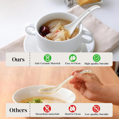 Soup Spoons, Ceramic Asian Soup Spoons, White Japanese Spoon Large for Ramen Pho Wonton Dumpling Miso, Deep Oval Hook Design, Set of 4 (4, Soft White)7