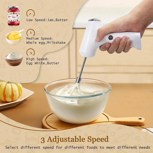 Cordless Hand Mixer, Handheld Electric Whisk with 3 Speed Modes, Hand Held Egg Beater with 2 Detachable Stir Whisks (White Silver)3