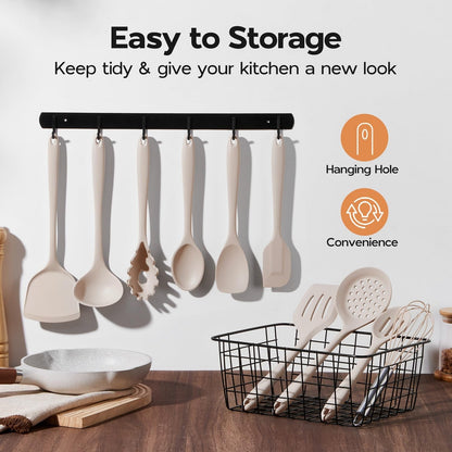 Silicone Cooking Utensils Set of 10, Kitchen Utensils for Nonstick Cookware, Heat Resistant & Nontoxic Spatula Set- Khaki5