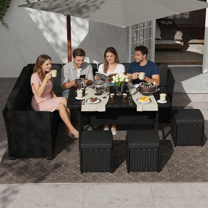 7 Piece Patio Furniture Set, Outdoor PE Wicker Rattan Outdoor Dining Set, Patio Table and Chairs Set, Patio Conversation Sofa Set with Dining Table and Ottoman(Black-Black)7