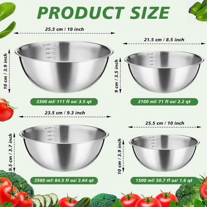 8 Pack Stainless Steel Mixing Bowls 1.3, 1.7, 2.6, and 3.2 Qt2