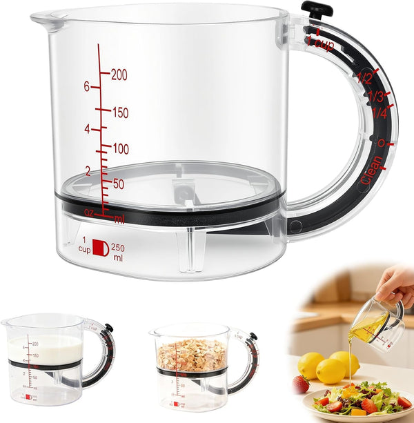 4-In-1 Adjustable Measuring Cup with Base, Multi Measurement for 1/4 to 1 Cup, ML/OZ, Scraper Base for No Waste, Dishwasher Safe1