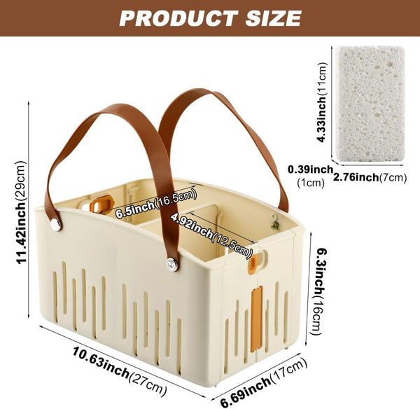 Portable Shower Caddy with Cleaning Sponge, Foldable Shower Storage Basket with Handle and Adjustable Divider, Quick Dry Bathroom Organizer Bin for Bathroom,Dorm,College,Camp,Travel(Color:Cream)2