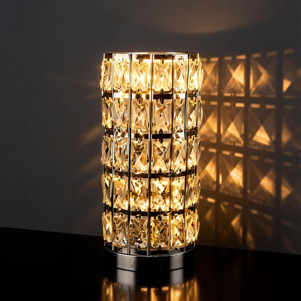 Cylinder Crystal Table Lamp, Chrome Warm Glow, USB Ports, LED Bulb5