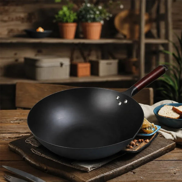 13.5" Pre-Seasoned Carbon Steel Wok Pan – Heavy Duty Flat Bottom Stir Fry Wok for Induction, Gas & Electric Stoves (5 Quart, Wood Handle)5