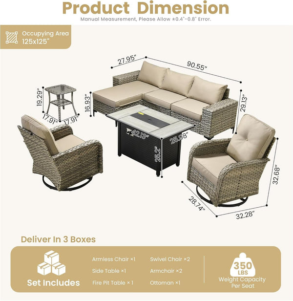 8 Pieces Patio Furniture Set,L Shaped Outdoor Sectional Couch with Fire Pit Table, Pe Wicker All Weather outside Conversation Sofa Swivel Chiars Solar Table Ottoman Set,Beige8