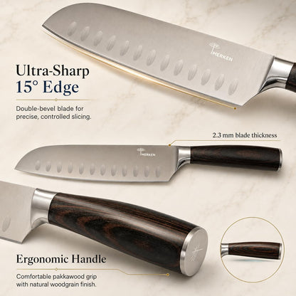 7-Inch Santoku Kitchen Knife, High-Carbon Stainless Steel, Hollow-Edge Blade for Fast Slicing, Comfortable Pakkawood Handle, Gift-Ready Box, Hand Wash for Easy Care3