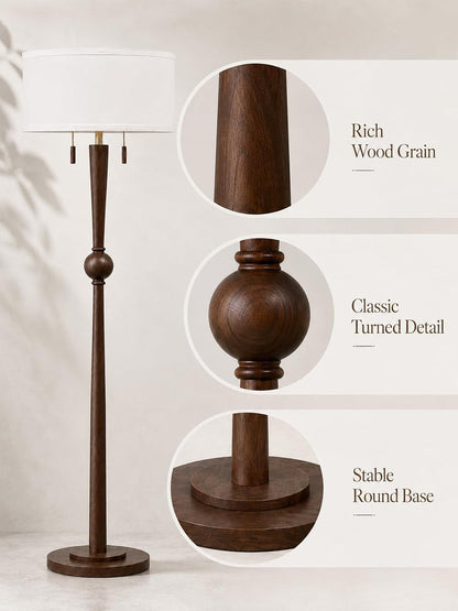 Solid Wood Floor Lamp for Living Room,Pull Chains Standing Lamp | 62.8" Tall,17" White Drum Shade,Sculptural Wood Base & Stem,2-Light Design,Standing Lamp for Bedroom,2 Bulbs Included3