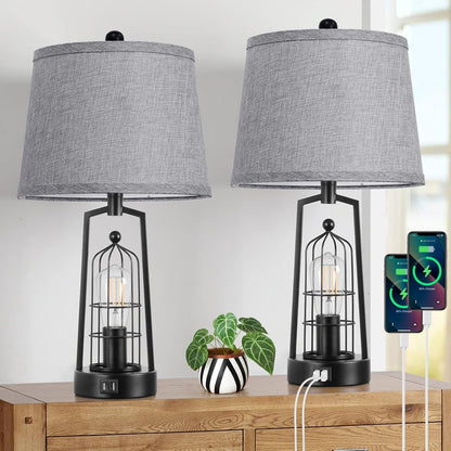 Farmhouse Table Lamps with 2 USB Ports, Set of 2 Rustic Industrial Desk Lamp for Living Room, 2-Light Black Bedside Lamp, Bedroom Nightstand Lamp with Gray Lampshade for House Decor, Reading1