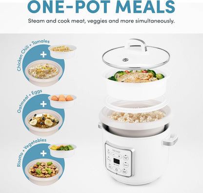 Corecoat™ Digital Rice Cooker (8 Cups Cooked) and Steamer with Nonstick Ceramic Rice Cooker Pot Coating and Pop-Up Steam Tray, 2 Quarts2