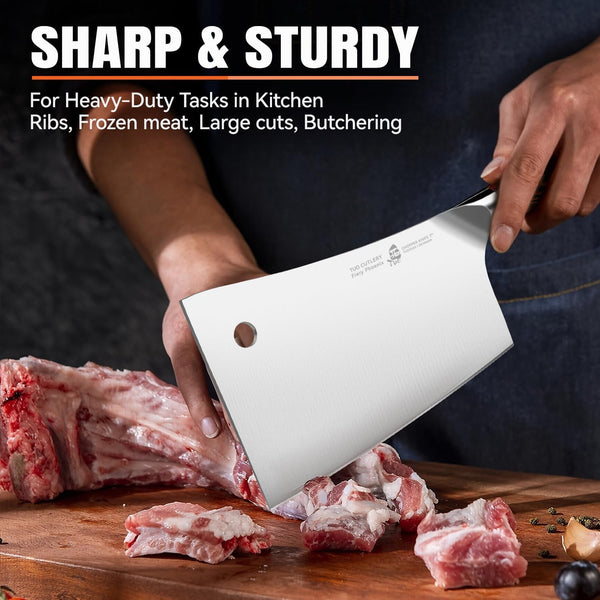 Meat Cleaver, 7 Inch Heavy Duty Bone Chopper, High Carbon German Stainless Steel Butcher Knife, Pakkawood Handle Kitchen Chopping Knife with Gift Box - Fiery Phoenix Series4