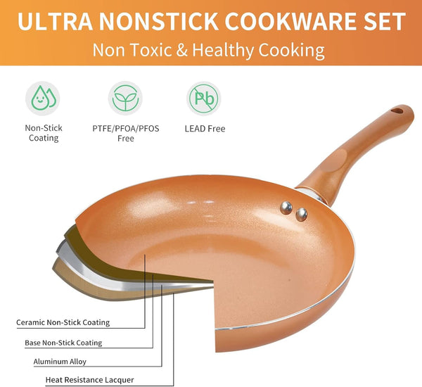 Pots and Pans Set Ultra Nonstick, Pre-Installed 11Pcs Cookware Set Copper with Ceramic Coating, Stay Cool Handle & Nylon Kitchen Utensils, Gas/Induction Compatible, 100% PFOA Free | Compact Nonstick Cooking Set, Induction Cookware Set, PFOA & PFAS Free, Non-Toxic Pots and Pans, Easy Food Release6