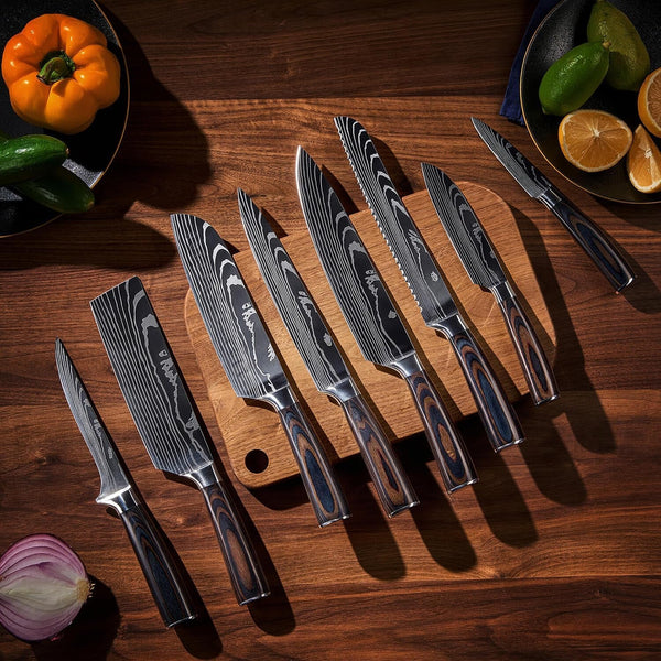 SENKEN 8-Piece Premium Japanese Kitchen Knife Set with Laser Damascus Pattern - Imperial Collection - Chef'S Knife, Santoku, Bread, Paring & More, Ultra Sharp for Very Fast Cutting2