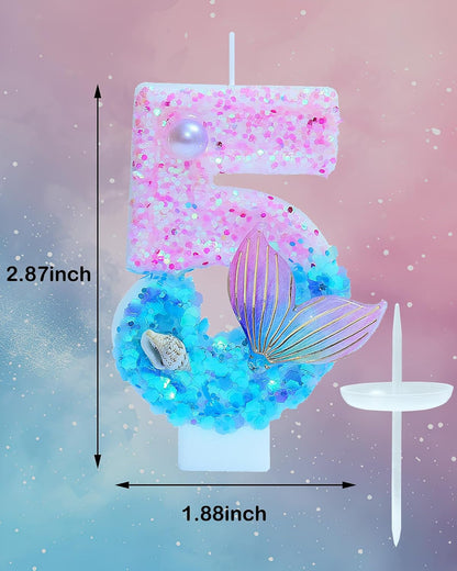 Mermaid Themed Birthday Candles, Number 5 Girls Glitter Birthday Party Supplies,Anniversary Party Decor,2.87 Inch Cake Topper Decorations (Mermaid Themed, Number 5)3