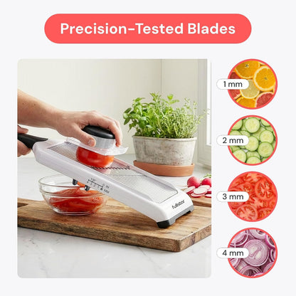 '- Handheld Mandoline Vegetable Slicer & Julienne Cutter | 2 in 1 Onion, Veggie & Fruit Slicer, 4 Thickness Settings with Stainless Steel Guard for Easy & Safer Slicing (White)3