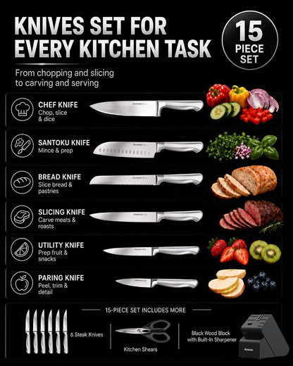 Knife Set 15 Piece German Steel Kitchen Knife Block Set4