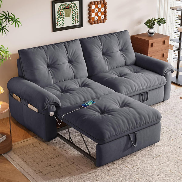 77" Queen Size Sofa Bed, Loveseat Sleeper Sofa with Pull Out Bed, Pockets and USB, Modern 2 Seater Convertible Small Couch for Living Room Bedroom Apartment, Gray2