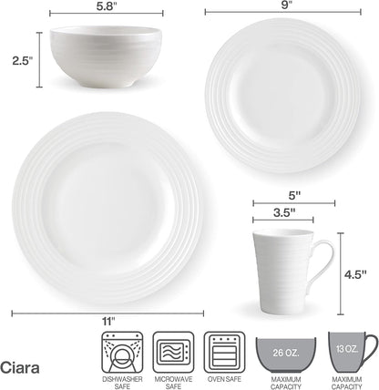 Ciara 16 Piece Bone China Dinnerware Set, Service for 4, Lightweight and Durable Plates Bowls and Mugs, Elegant White Dinnerware for Everyday Use2