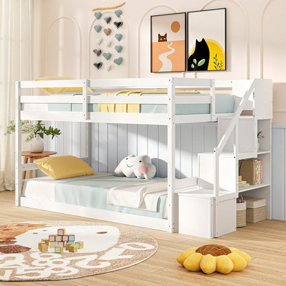 Twin over Twin Bunk Bed with Stairs, Solid Wood Floor Bunk Bed with Storage Staircase & Full-Length Guardrails, Low Bunk Bed with for Kids, Teens, Adults, Dorm, Small Space, White1