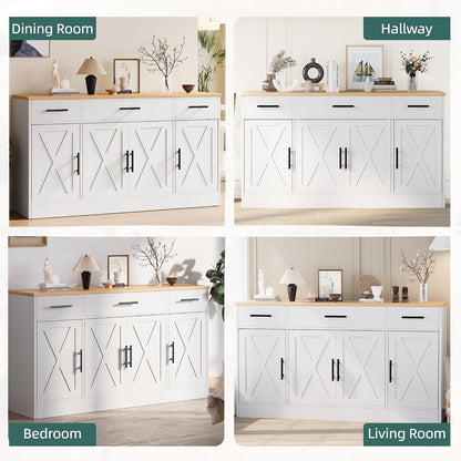 Buffet Cabinet with Storage,53.4" Large Kitchen Storage Cabinet with 3 Drawers and 4 Doors,Wood Farmhouse Buffet Sideboard with Adjustable Shelf for Kitchen Living Room, White5