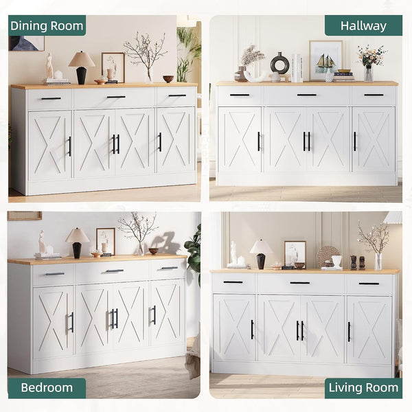 Buffet Cabinet with Storage,53.4" Large Kitchen Storage Cabinet with 3 Drawers and 4 Doors,Wood Farmhouse Buffet Sideboard with Adjustable Shelf for Kitchen Living Room, White5