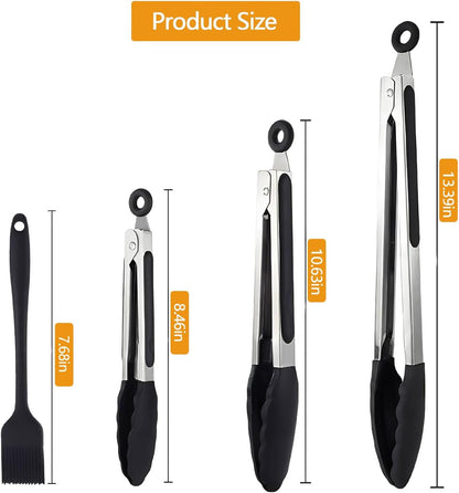 Kitchen Tongs for Cooking, 3 Tongs 7", 9", 12" + Oil Brush, Heat Resistant 600°F, Non-Slip Silicone Tips, Heavy Duty Metal Locking Tongs, Black, Salad, BBQ Grill, Pasta Silicone Tongs, Dishwasher Safe7