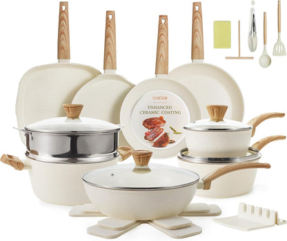 26Pcs Pots and Pans Nonstick Ceramic Cookware Set Nontoxic Kitchen Cooking Set with Steamers Utensils Induction Compatible, PFAS/PFOA Free, Oven and Dishwasher Safe, Cream White1