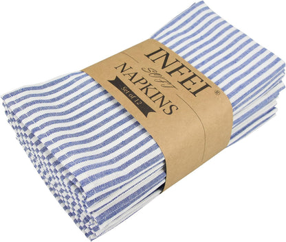 Plain Striped Cotton Linen Blended Dinner Cloth Napkins - Set of 12 (40 X 30 Cm) - for Events & Home Use (Blue)1